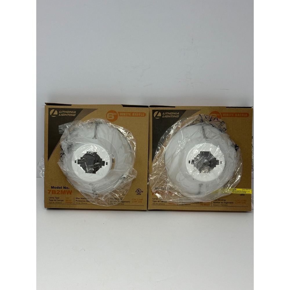 2 Lithonia Lighting 6" White Baffle Recessed Lights Trim Ring Model #7B2MW